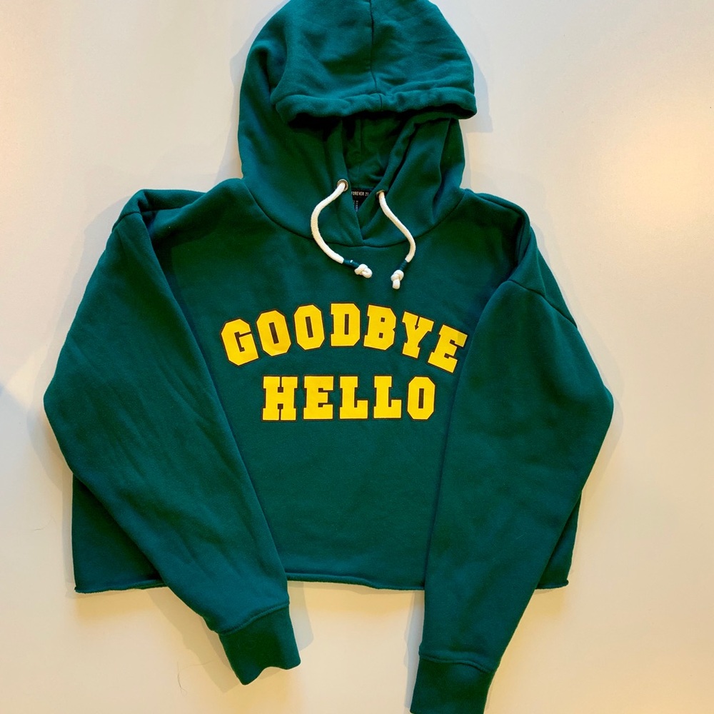 Goodbye Hello Cropped Hoodie from Forever 21